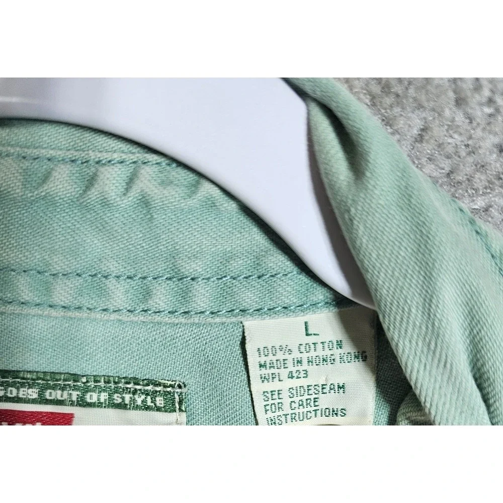 Vintage Levis Denim Button Up Shirt Mens Large Green Cotton Pockets Long Sleeve‎